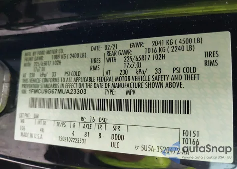 2021 Ford Escape Se из США, поврежденный, VIN 1FMCU9G67MUA23303